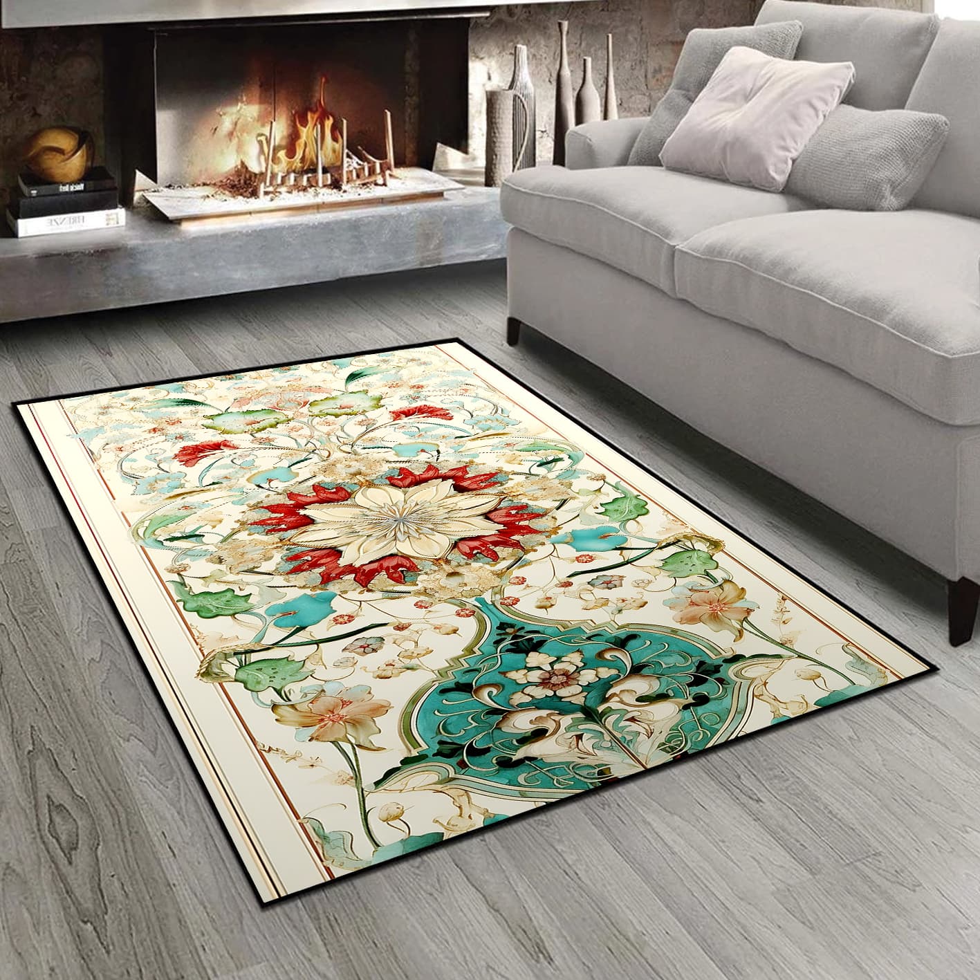 فرش چاپی طرح گل اسلیمی با حاشیه ساده و زمینه کرمی PQs-1116