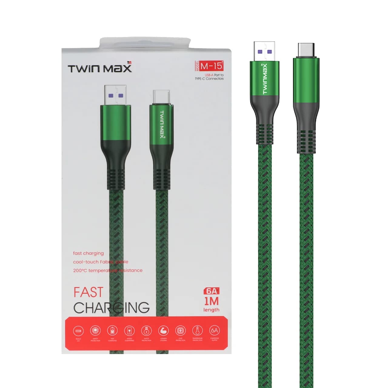 کابل شارژ فست TwinMax Type-C مدل M-15 – سبز