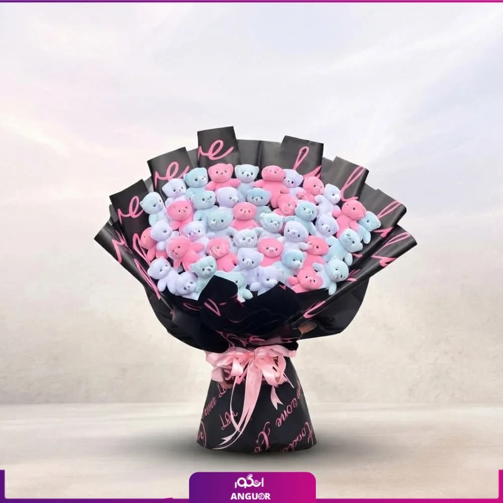 دسته گل و عروسک رنگارنگ