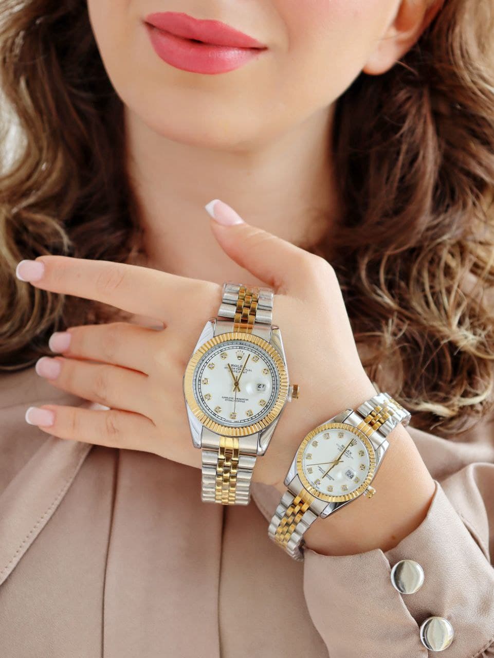 ست ساعت مردانه زنانه رولکس ROLEX ضدآب رنگ ثابت آرام گرد تاریخ دار دارای قفل اصلی کیفیت عالی دارای رنگبندی متنوع کد 2116323