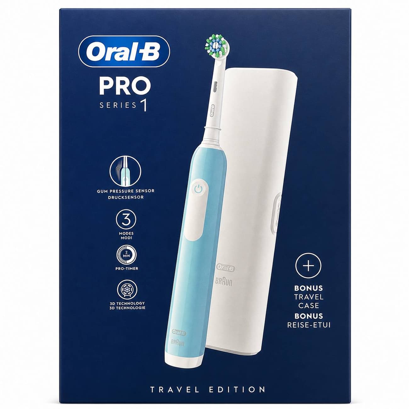 مسواک برقی اورال بی مدل ORAL B Pro 1 series( کراس اکشن)حسگر فشار لثه .آلمانی (به همراه کیس مسواک برقی) رنگ آبی