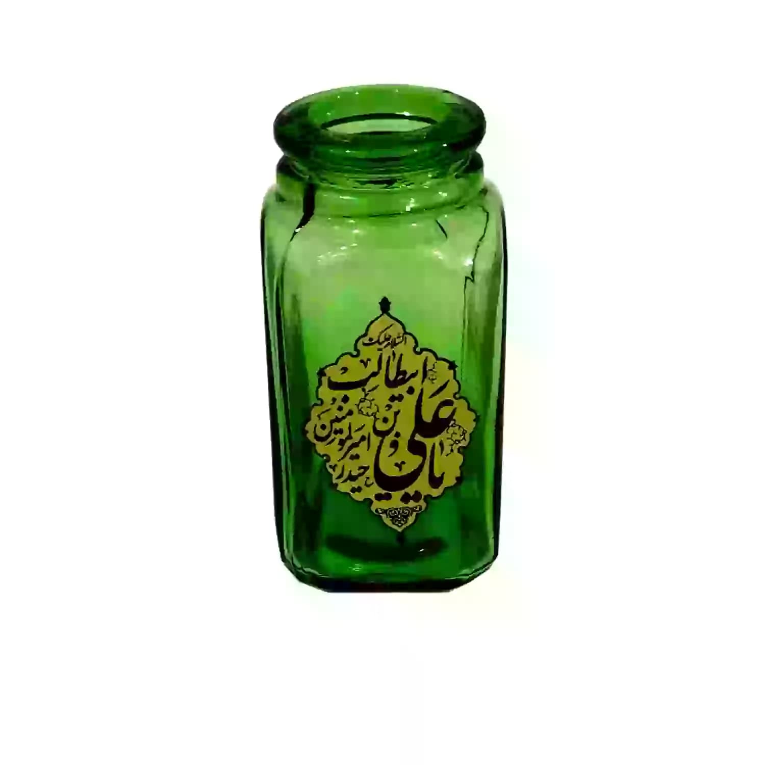 گلدان کوچک شیشه ای مربعی مذهبی سبز علی ولی الله قطر 5 ارتفاع 9سانت کد 10422101