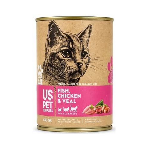 کنسرو گربه بالغ یو اس پت پته ماهی، مرغ و گوساله Us Pet وزن 430 گرم