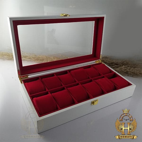 جعبه ساعت لوکس کلکسیونی چوبی 12تایی BOXL12105 (سفید داخل قرمز) — تصویر ۳