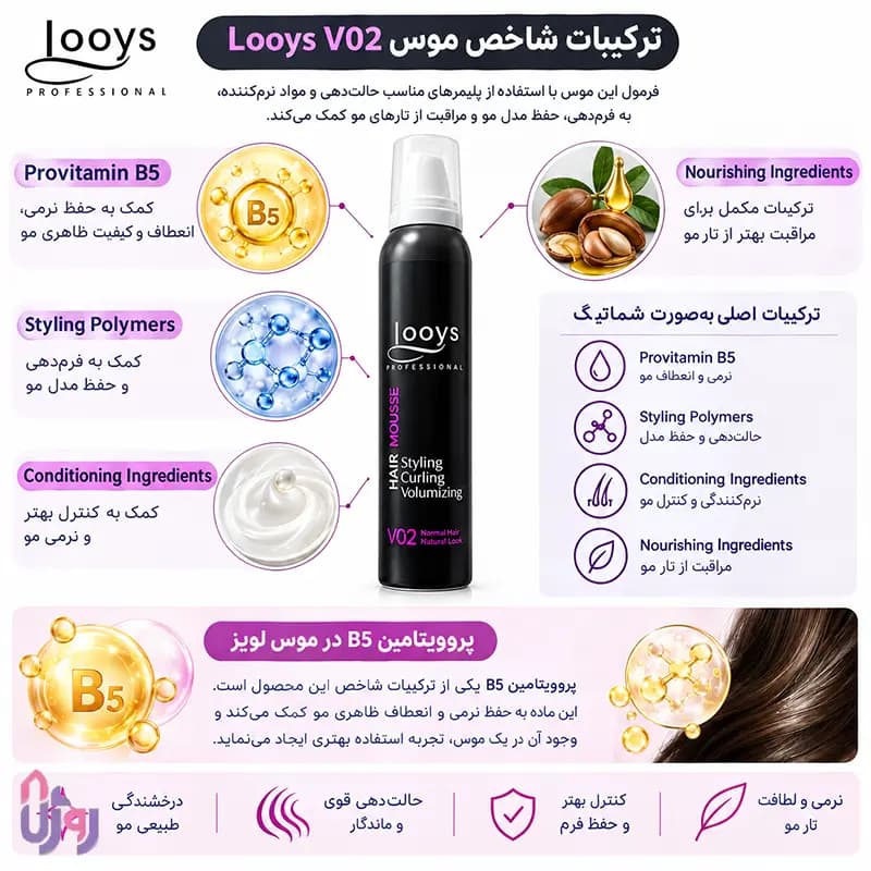 اسپری مو لویز Looys مدل موس حالتدهنده و حجمدهنده با قدرت نگهدارندگی معمولی و جلوهای طبیعی V02 Normal Fix Natural Look حجم 200 میل — تصویر ۶
