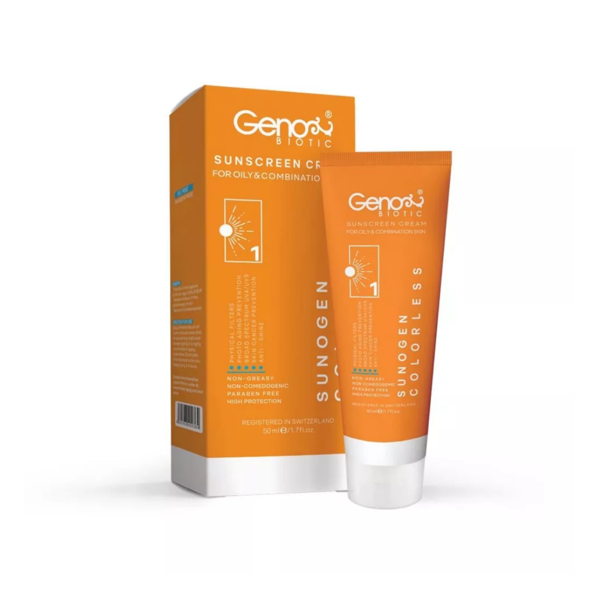 کرم ضد آفتاب ژنوبایوتیک پوست چرب و مختلط بی رنگ SPF50 حجم 50mL