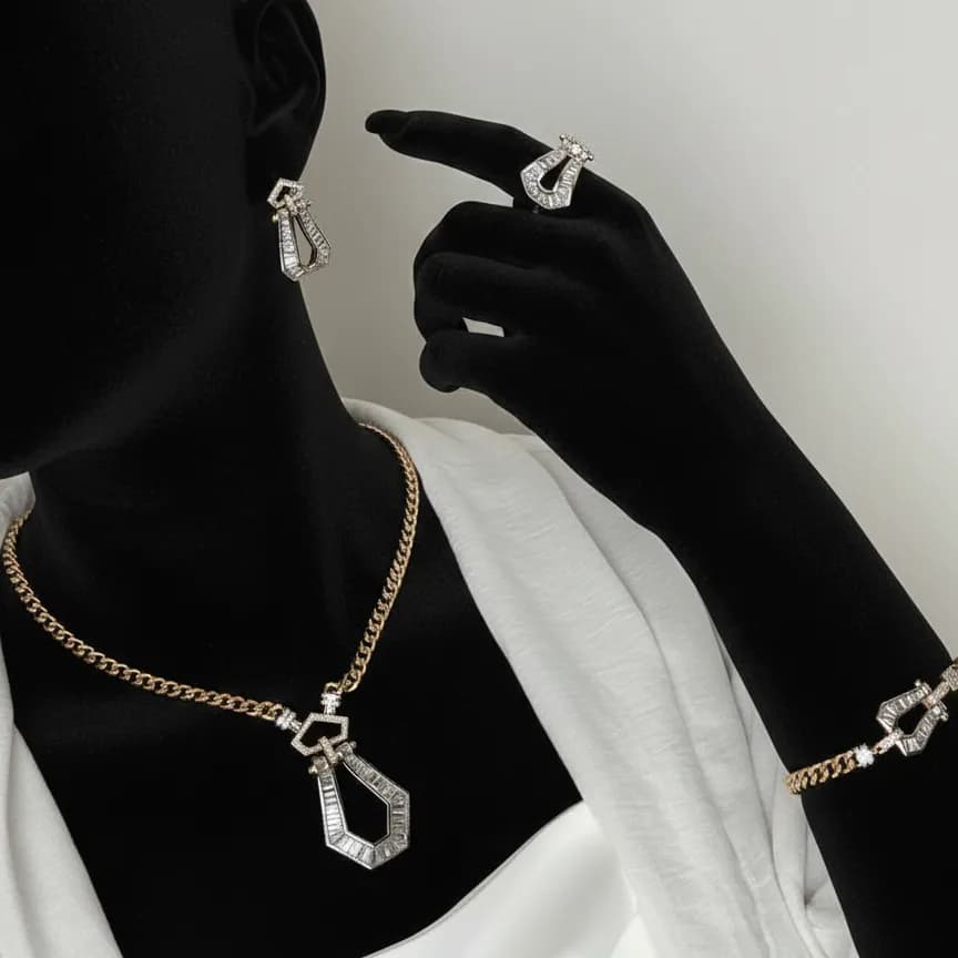 ست کامل زنانه طرح برند فرد Fred با زنجیر کارتیر Cartier نگین کاری شده رنگ طلایی نقره ای مناسب روزمره و مهمانی آبکاری درجه یک نقره و رادیوم ضد حساسیت و رنگ ثابت کد zgc — تصویر ۲