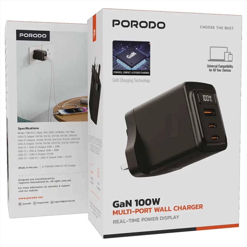 شارژر دیواری Porodo GaN 95W چند پورت با 2 USB-C و USB-A — تصویر ۳