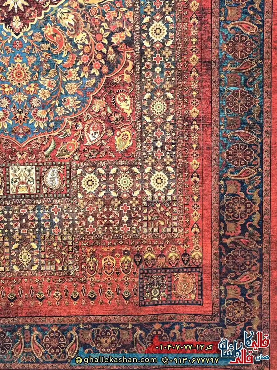 فرش کلاسیک 700 شانه طرح ترکان رنگ قرمز آبی کاشان — تصویر ۳