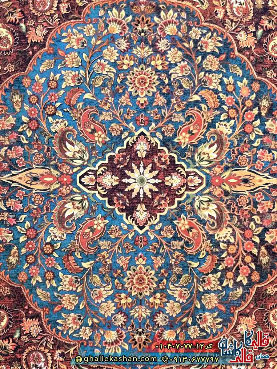 فرش کلاسیک 700 شانه طرح ترکان رنگ قرمز آبی کاشان — تصویر ۴