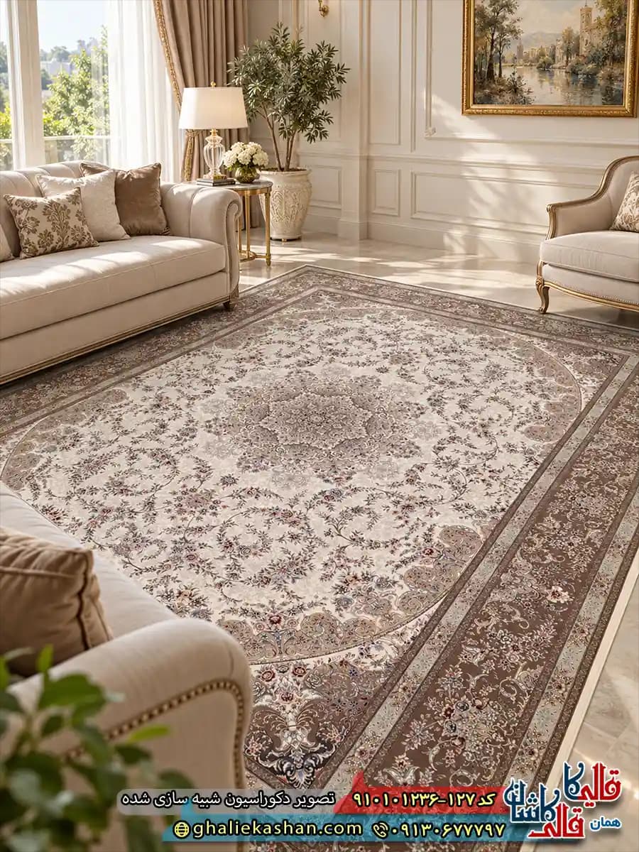 فرش کلاسیک 1200 شانه طرح گلستان رنگ کرم کاشان