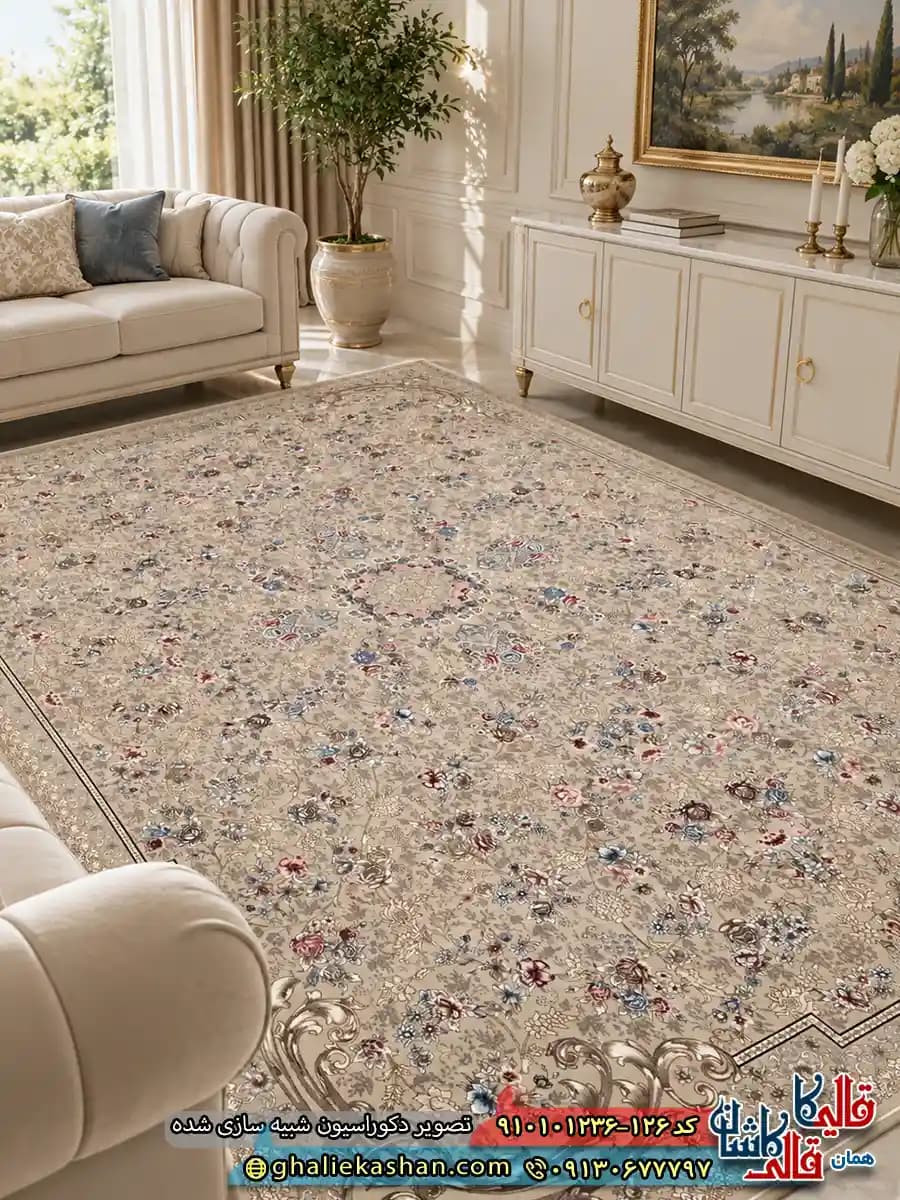 فرش 1200 شانه طرح افشان گندم رنگ بژ کاشان