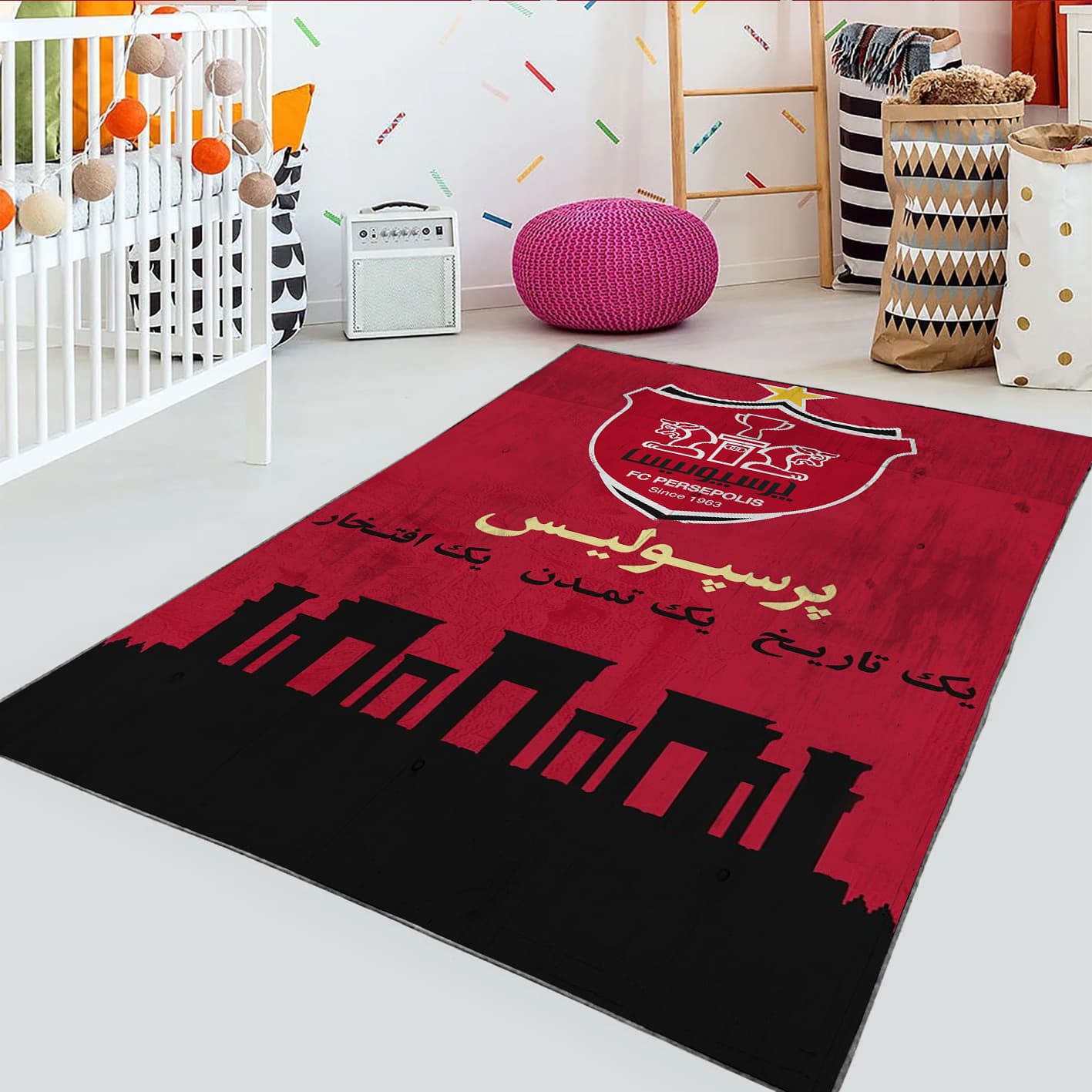 فرشینه چاپی اتاق پسرانه فوتبالی طرح پرسپولیس زمینه تخت جمشیدWAs-1463