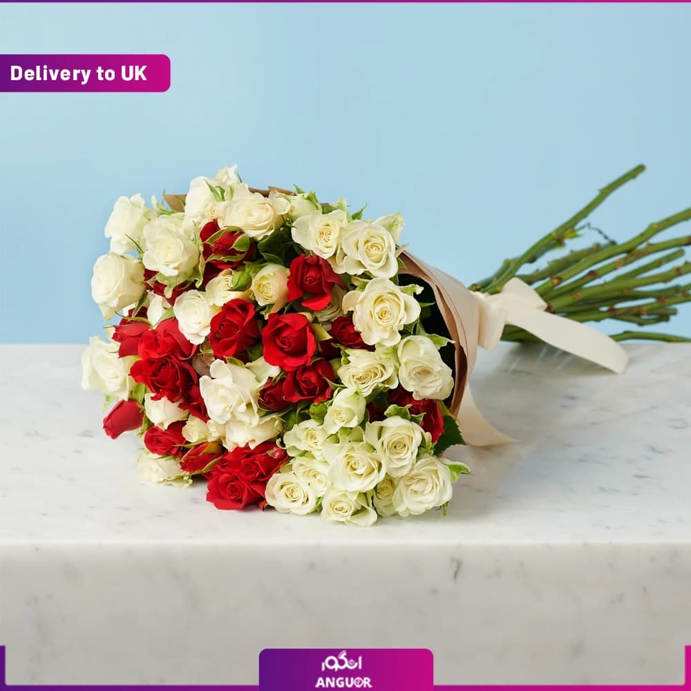 دسته گل رز مینیاتوری سفید و قرمز (تحویل در انگلستان)