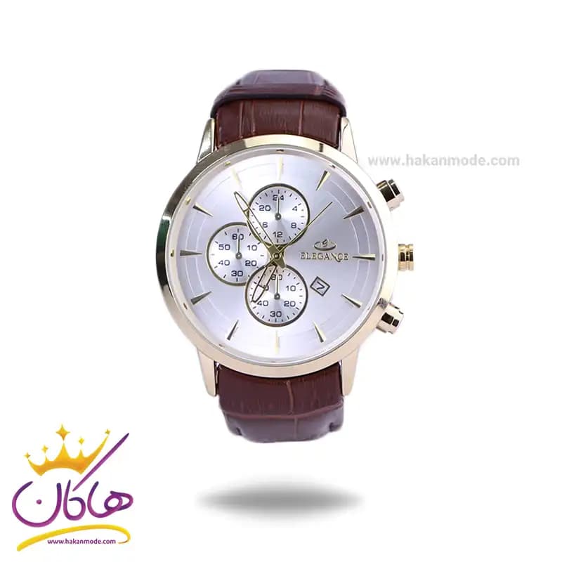 ساعت عقربه ای الگانس مردانه بند چرم قهوه ای قاب طلایی G2095/6