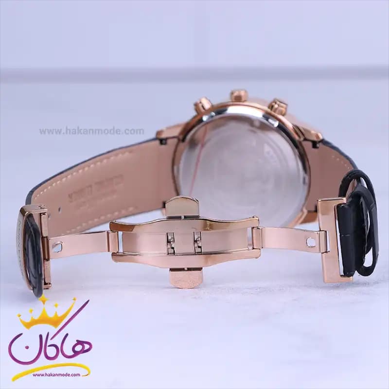 ساعت عقربه ای رومانسون مردانه بند چرم مشکی قاب رزگلد G2096/1 — تصویر ۳