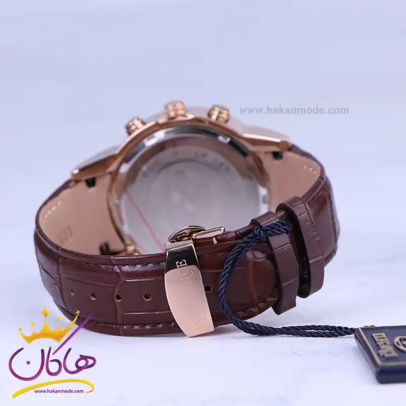 ساعت عقربه ای الگانس مردانه بند چرم قهوه ای قاب رزگلد G2091/2 — تصویر ۲