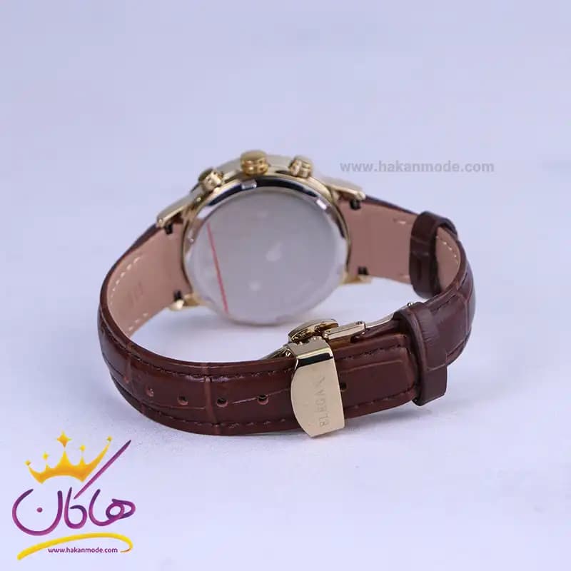 ساعت مچی عقربه ای الگانس زنانه بند چرم قهوه ای قاب طلایی L2095/7 — تصویر ۲