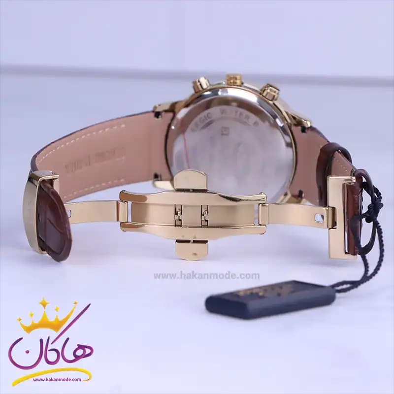 ساعت عقربه ای الگانس مردانه بند چرم قهوه ای قاب طلایی G2095/1 — تصویر ۳