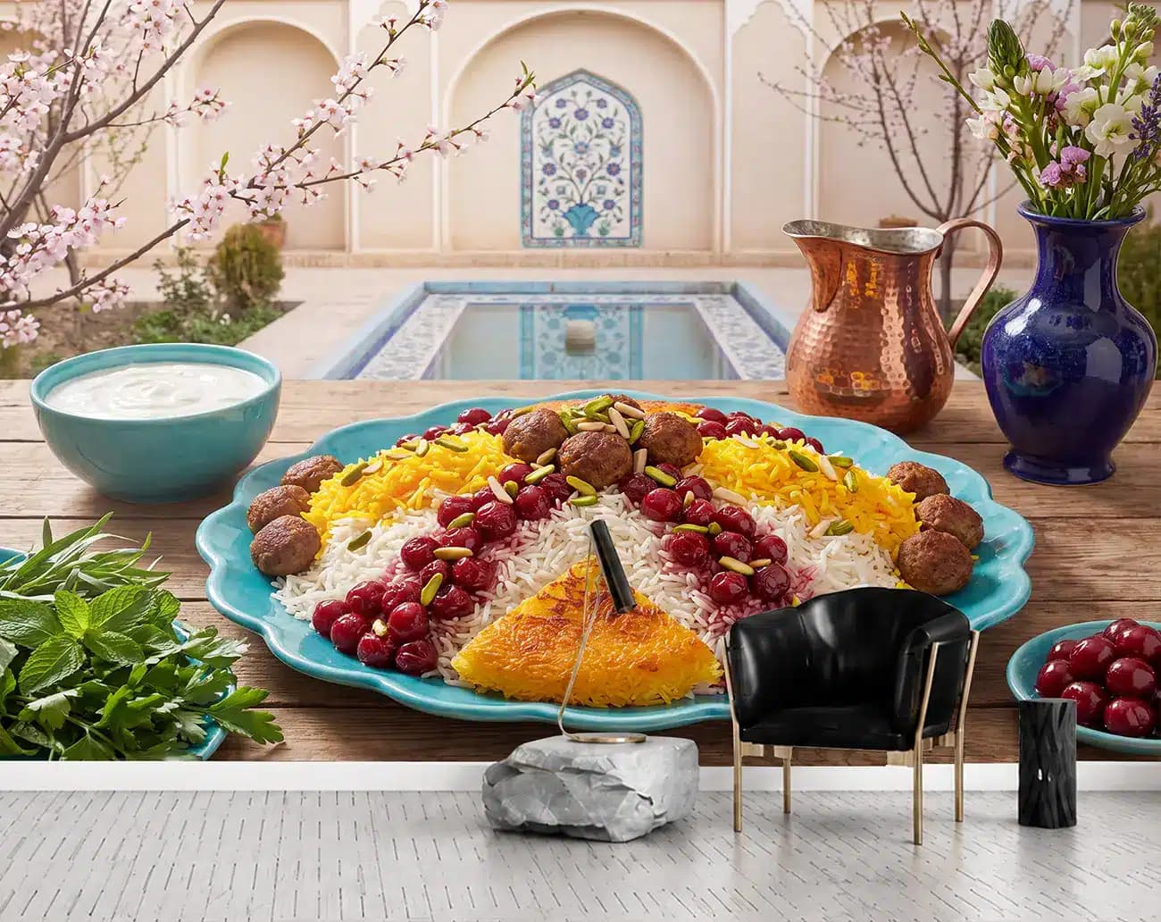 پوستر دیواری آلبالو پلو با گوشت قلقلی در حیاط بهاری کد DA-(1171) | دکور غذاخوری
