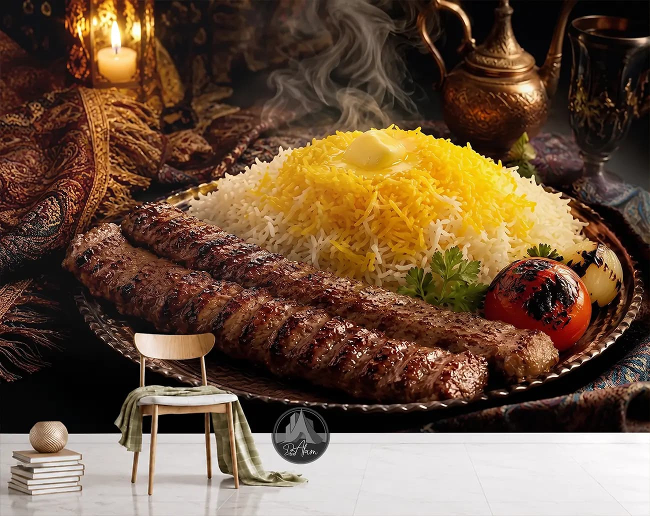 پوستر دیواری چلوکباب کوبیده بخارآلود کنار فانوس کد DA-(1154) | دکور رستوران سنتی