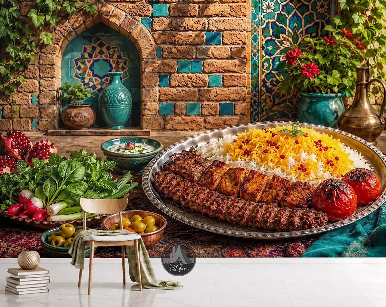 پوستر دیواری چلوکباب کوبیده کنار طاقچه آجری کد DA-(1145) | دکور رستوران سنتی