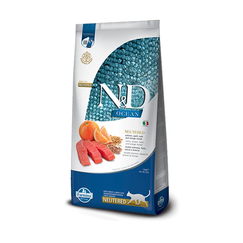 غذای خشک گربه عقیم شده کم غلات N&D با طعم ماهی سالمون و پرتقال N&D Neutered Cat food ancestral grain with salmon and orange recipe