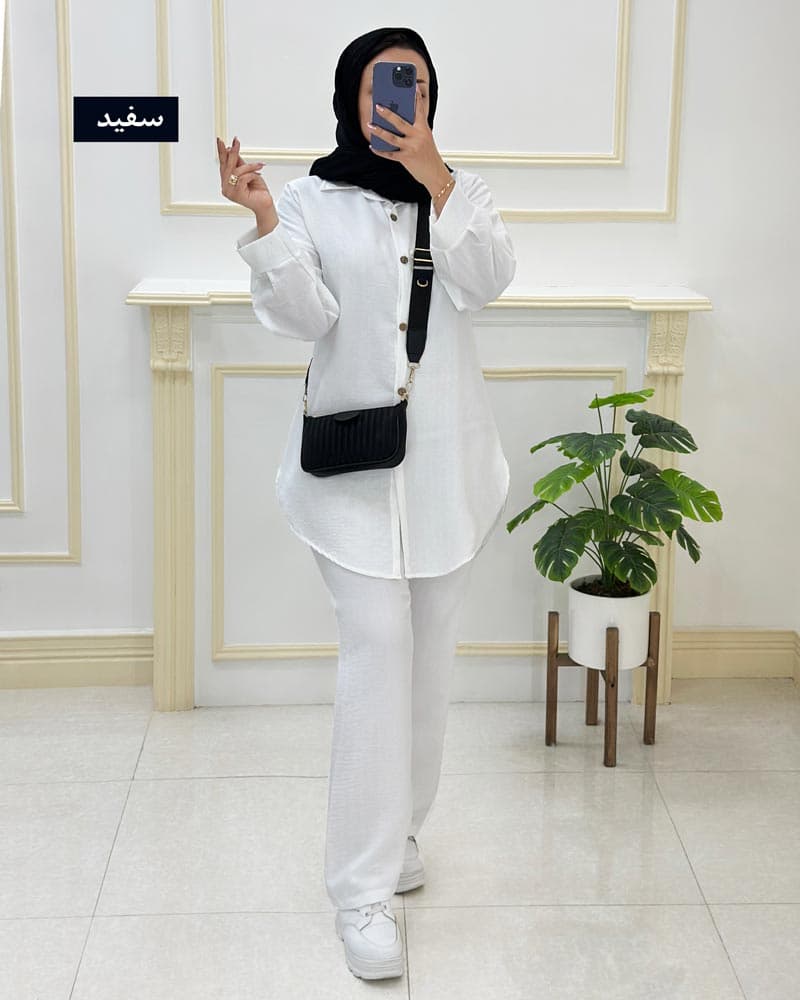 ست مانتو شلوارلینن شانتون دکمه چوبی کد 9253004 — تصویر ۲