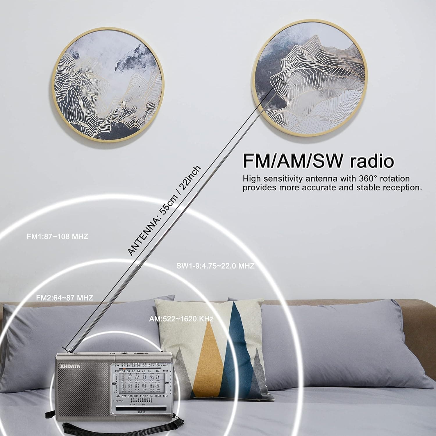 رادیو قابل حمل XHDATA D219 FM AM SWRadio کلاسیک کمپینگ خانگی کمپینگ رادیو پیاده روی خانه نقره ای — تصویر ۲