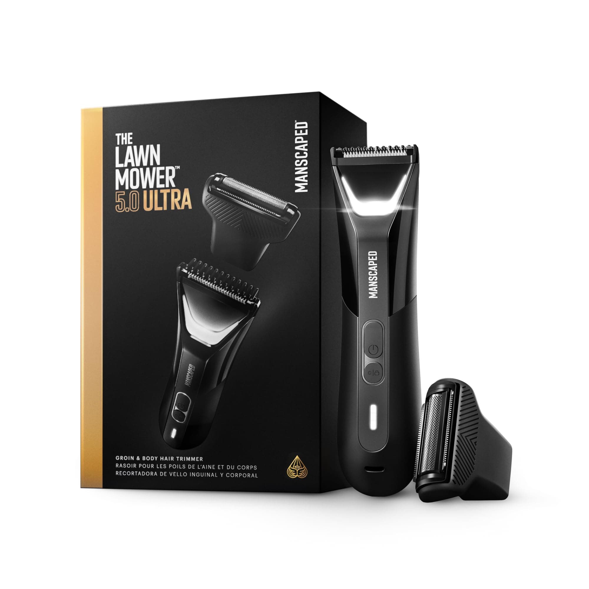 MANSCAPED® The Lawn Mower® 5.0 ULTRA Body and Bikini Hair Trimmer – SkinSafe® Dual Head Trimmer و تیغه های فویل، ضد آب، USB-C قابل شارژ با قاب مسافرتی مشکی تاکسیدو