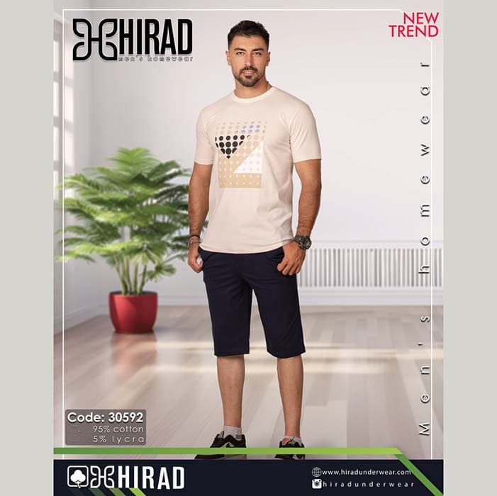 ست تی شرت و شلوارک نخی مردانه مدل 30592 برند هیراد نخ پنیه سایز XXL کد 40761