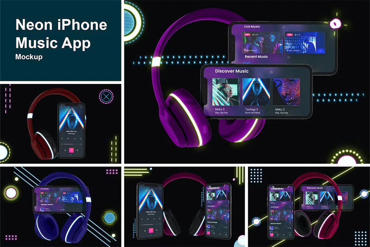 موکاپ اپ موزیک آیفون با تم نئون