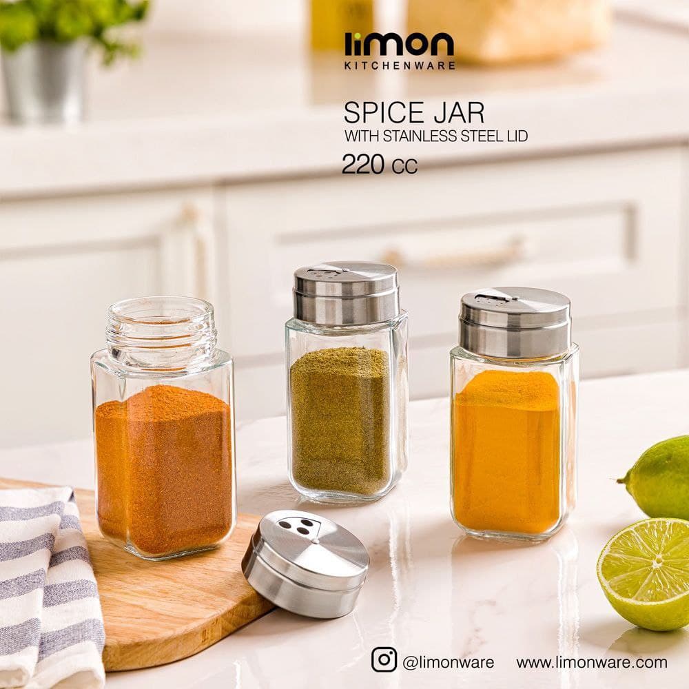 جای ادویه و ادویه پاش شیشه ای درب استیل 220 سی سی لیمون کد 2420 — تصویر ۲