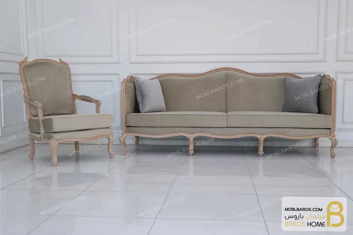 مبل نئوکلاسیک و مدرن گندم با مبل تک کویین کد ۲ — تصویر ۶