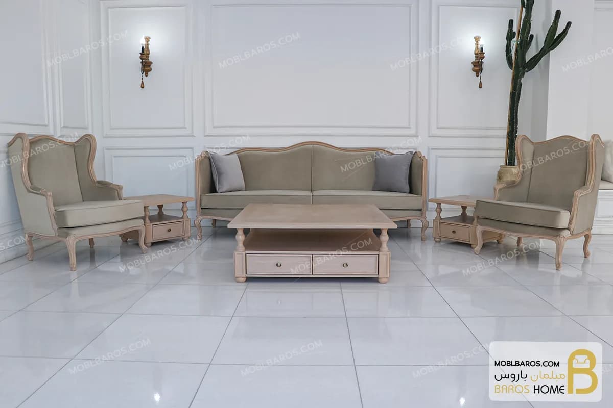 مبل نئوکلاسیک و مدرن گندم با مبل تک کویین کد ۲ — تصویر ۳