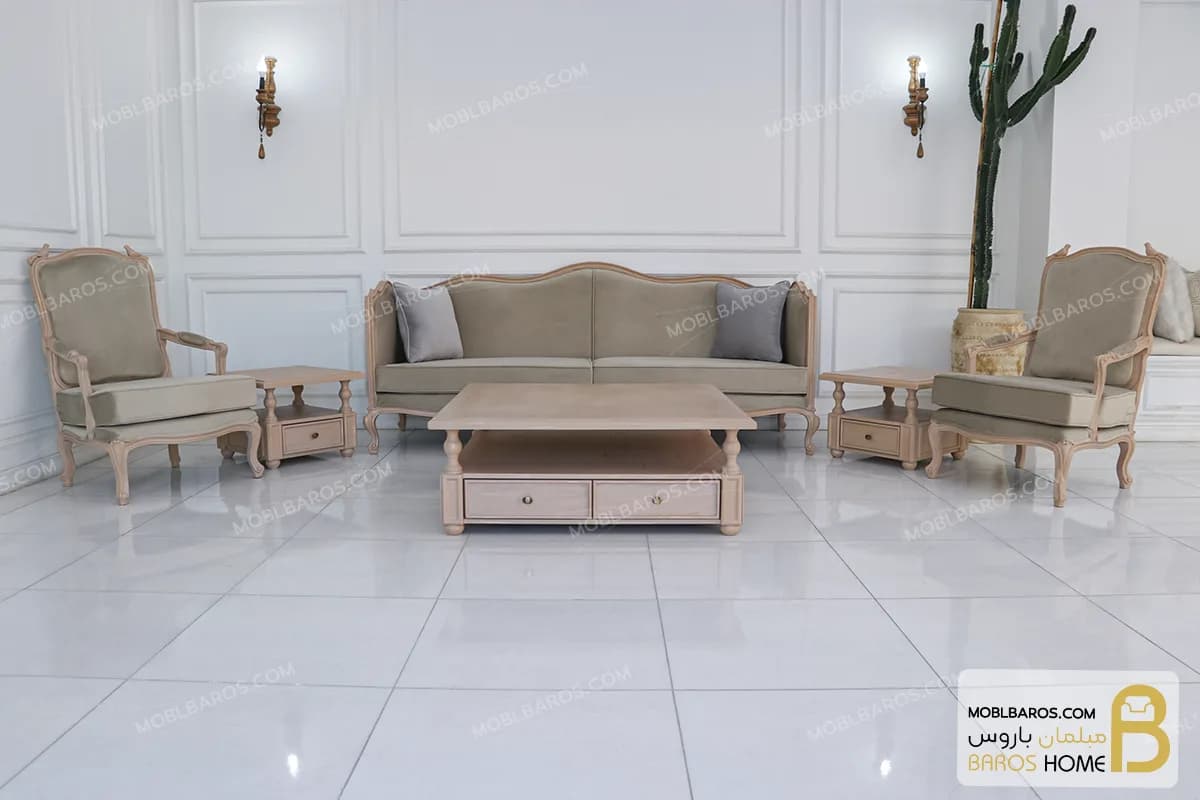 مبل نئوکلاسیک و مدرن گندم با مبل تک کویین کد ۲