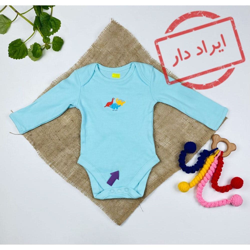 بادی نوزادی پسرانه آستین بلند طرح دایناسور یقه گرد آبی آسمانی رنگ – 2 تا 6 ماه