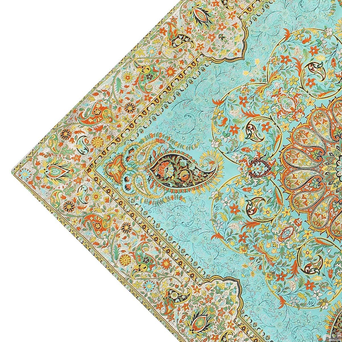 رومیزی مربع ترمه طرح افشار رنگ سبز آبی — تصویر ۲