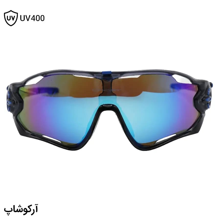 عینک ورزشی اوکلی JAW با فریم رنگ مشکی و طوسی براق، بیس دار، لنز جیوهای و رنگ آبی مدل OO9290 — تصویر ۴