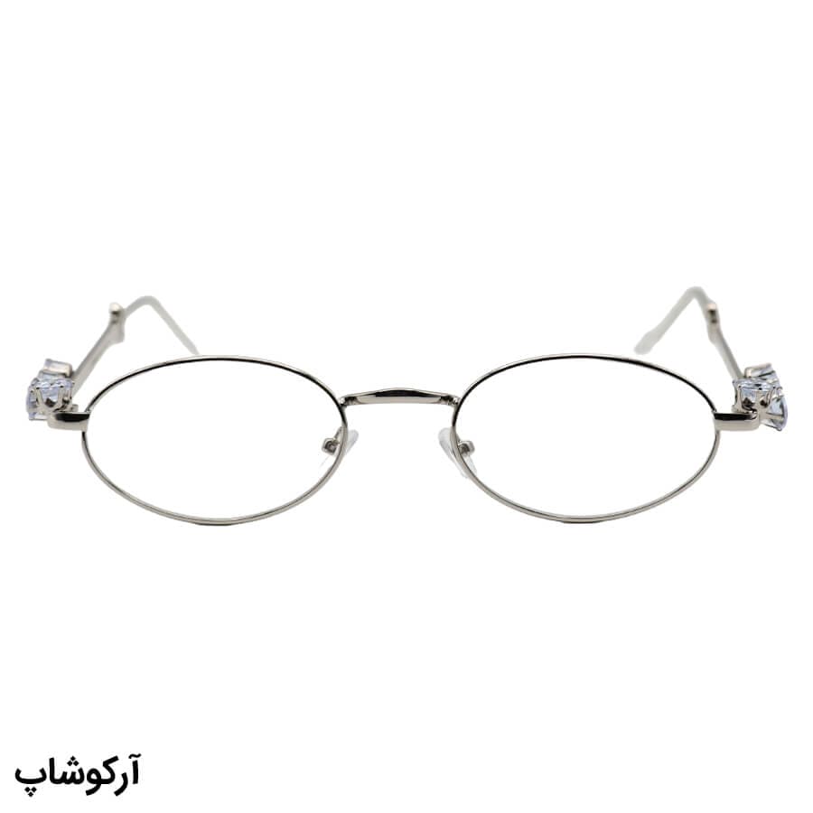 عینک شب زنانه شنل با فریم بیضی، نقرهای رنگ، نگین دار و لنز بیرنگ و شفاف مدل 30678 — تصویر ۳