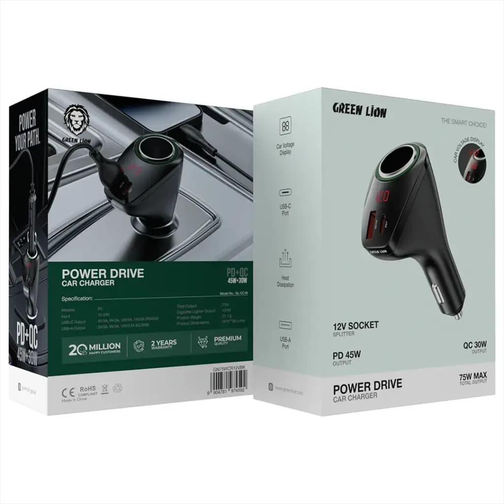 شارژر فندکی Green Lion Power Drive 75W با خروجی PD و QC — تصویر ۲