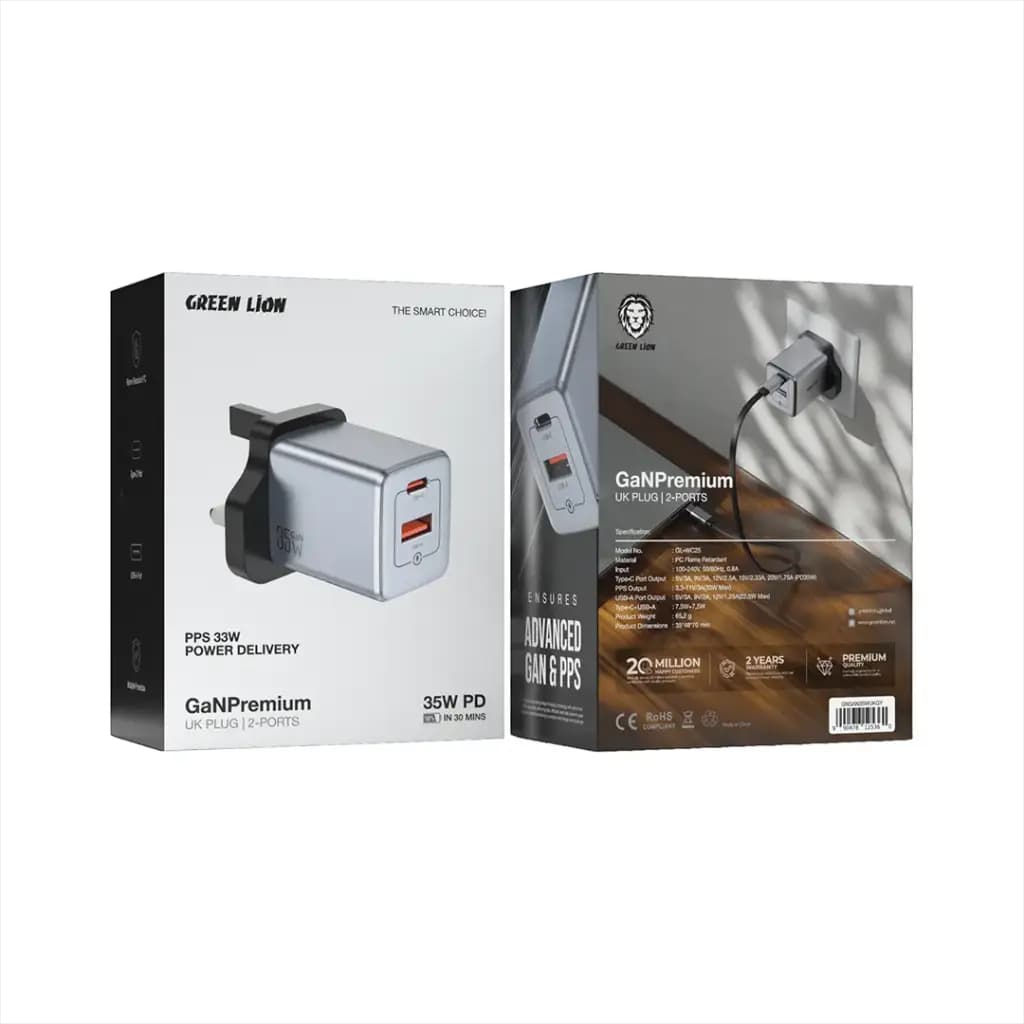 شارژر دیواری Green Lion GaN 35W دو پورت USB-C و USB-A — تصویر ۲
