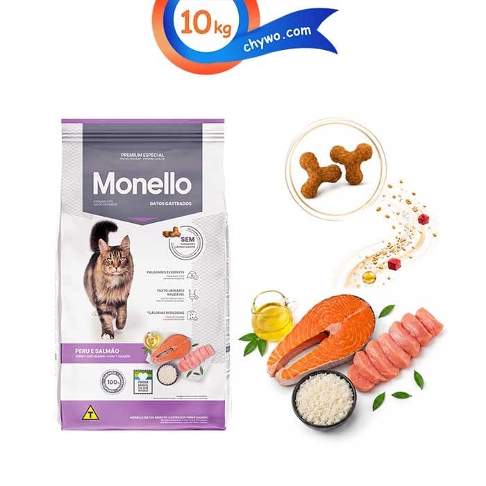 غذای خشک گربه عقیم مونلو طعم ماهی سالمون و بوقلمون مدل استرلایزد وزن 10 کیلوگرم Monello Sterillised