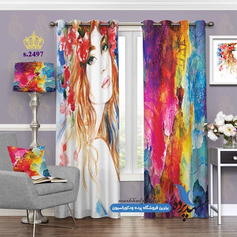 پرده پانچ چهره طرح نقاشی آبرنگی دختر کد S2497