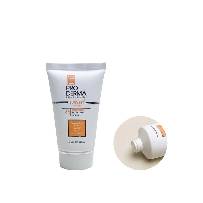 کرم ضد آفتاب رنگی پرودرما، SPF 90، مدل 90 Sunvest، مناسب انواع پوست با تنالیته متوسط و حجم 40 میلی لیتر، ضدآب، فاقد پارابن، محافظتکننده در برابر اشعههای UVA و UVB و غیر کومدونزا، PA+++، ضد چروک، دا — تصویر ۲