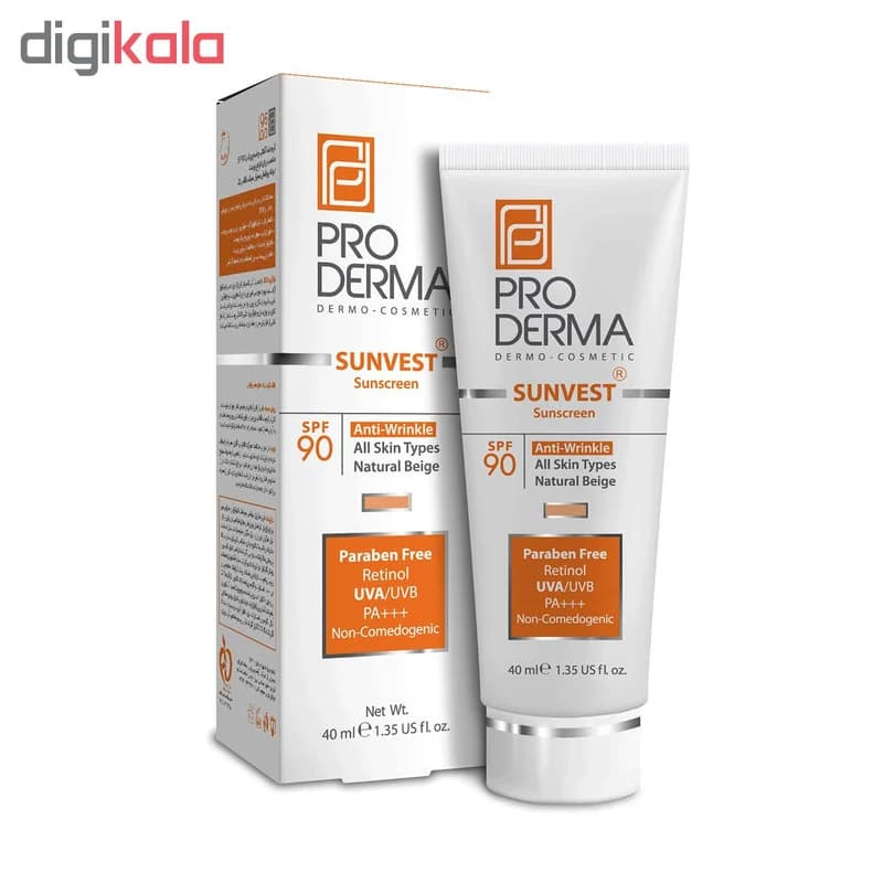 کرم ضد آفتاب رنگی پرودرما، SPF 90، مدل 90 Sunvest، مناسب انواع پوست با تنالیته متوسط و حجم 40 میلی لیتر، ضدآب، فاقد پارابن، محافظتکننده در برابر اشعههای UVA و UVB و غیر کومدونزا، PA+++، ضد چروک، دا — تصویر ۴