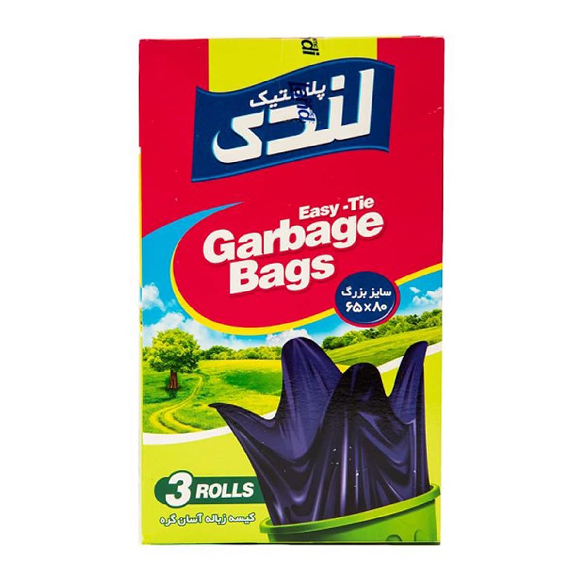 کیسه زباله آسان گره رولی سایز بزرگ 80*65 لندی پلاستیک 3 رول 30 عددی کد 0104