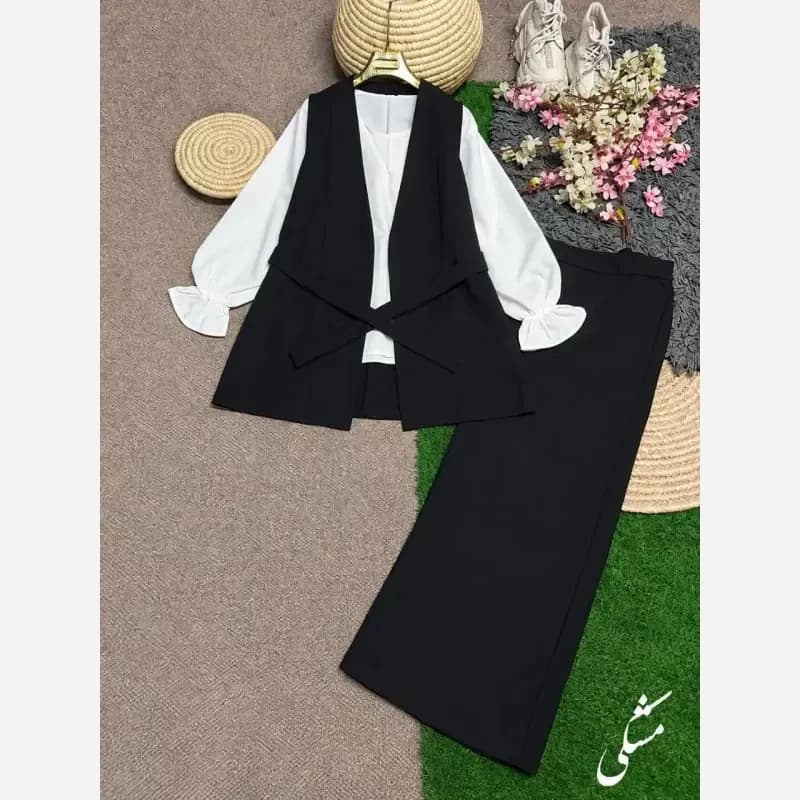 ست چهارتیکه زنانه مدل ملنا جنس بزیاق ریزشی اعلا رنگ مشکی سرمه ای قهوه ای سوخته سایز فری — تصویر ۵