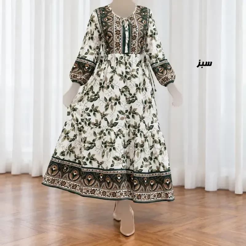 پیراهن ساحلی زنانه حاشیه دار برگ فری سایز نخی کمربنددار — تصویر ۲