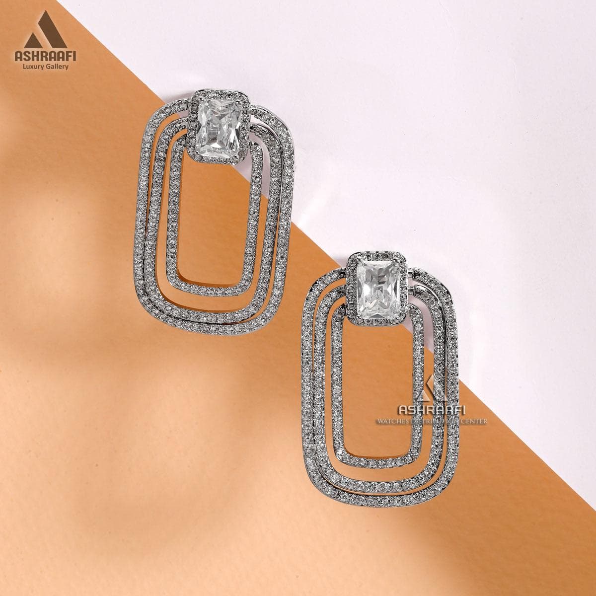 گوشواره مستطیلی نگین دار Diamond Earrings S01 — تصویر ۲